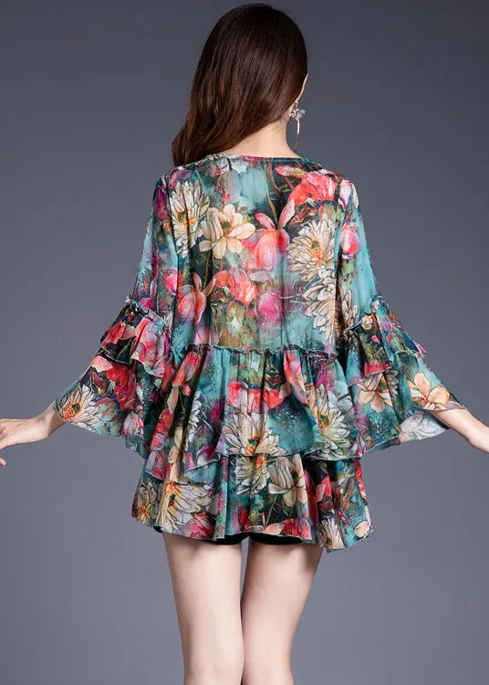 French Blue V Neck Sequins Print Chiffon Top Spring