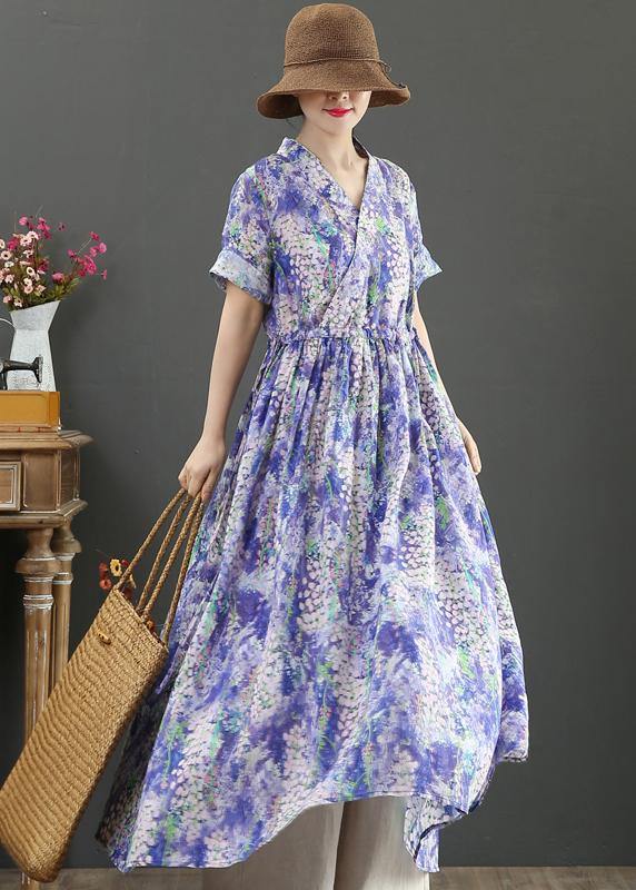 Natural Purple Print Dresses V Neck Drawstring Summer Dresses