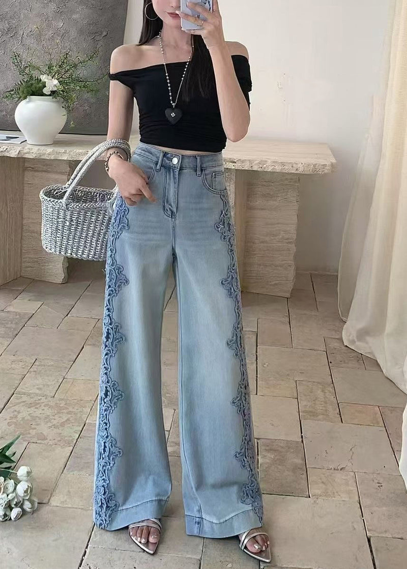 Blue Hollow Out Patchwork Lace Denim Straight Pants Fall