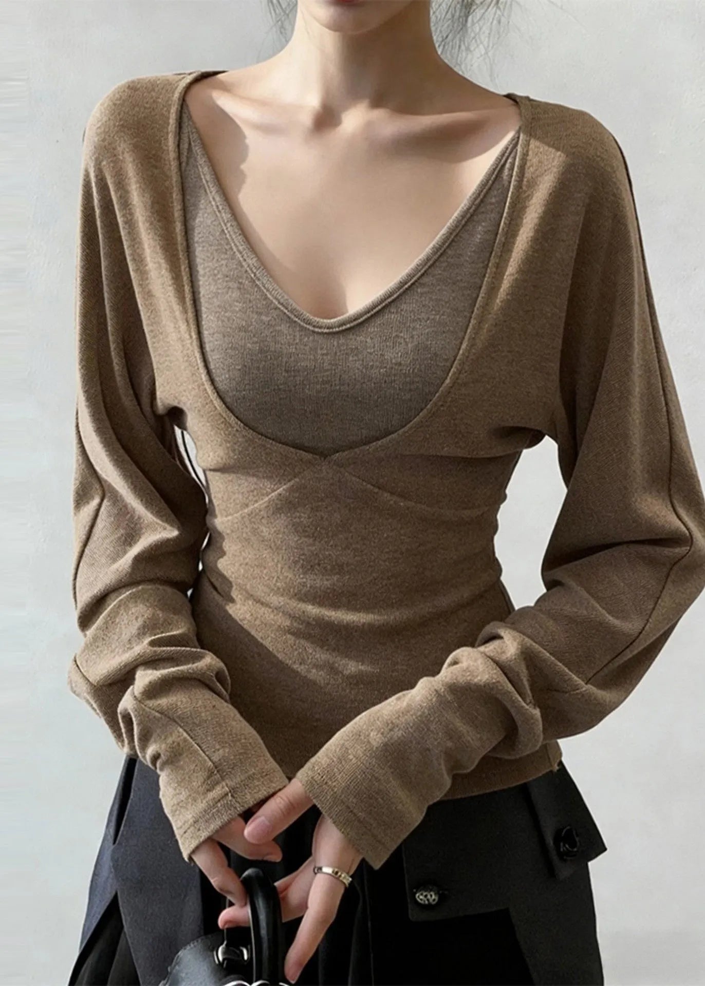 Khaki V Neck Patchwork Cotton Shirt Tops Spring