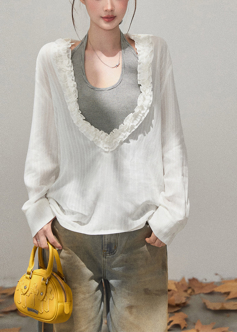 White Deep V-neck Ruffled Cotton Shirt Fall