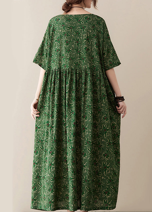 Green O-neck Wrinkled Exra Large Hem Print Cotton Long Dress Summer