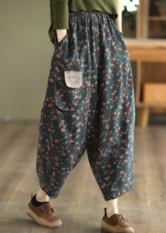 Grey Black Pockets Print Elastic Waist Linen Pants Spring