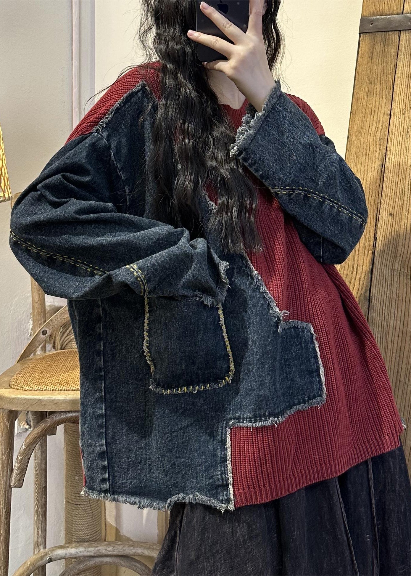 Red Asymmetrical Pockets Knit Patchwork Tops Fall
