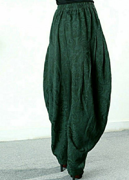 Jacquard Green Elastic Waist Linen Lantern Pants Spring