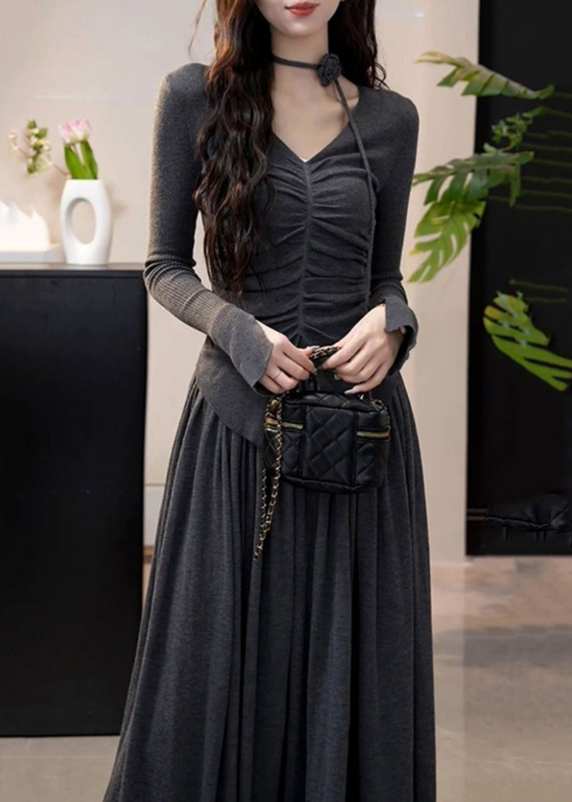 Modern Grey V Neck Wrinkled Top and a Line Skirts Two Pieces Set Winter