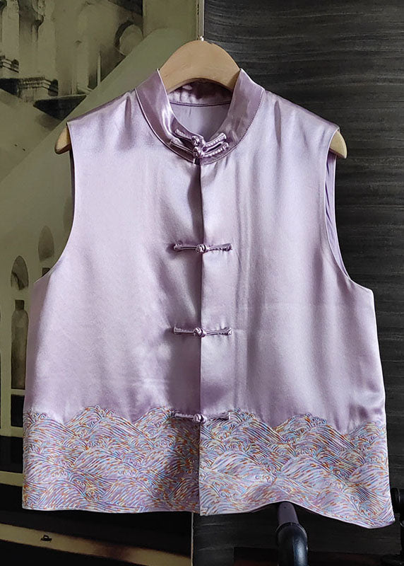 Purple Patchwork Embroideried Silk Tops Sleeveless