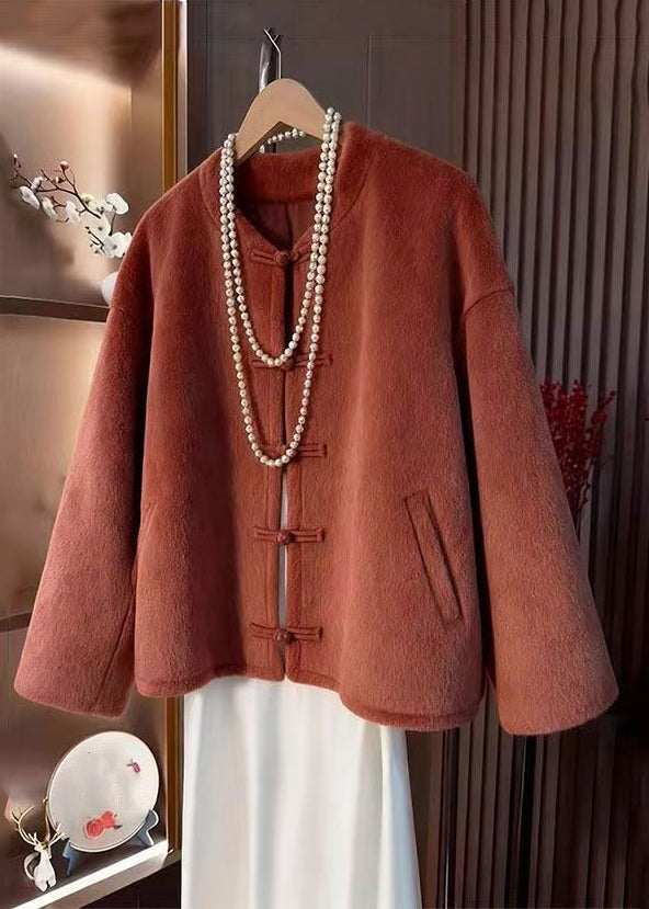 Orange O-neck Button Pockets Woolen Coats Winter