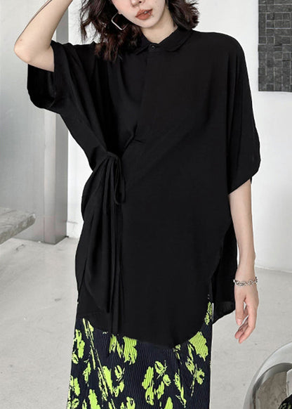Black Asymmetrical Lace Up Patchwork Cotton Shirt Batwing Sleeve
