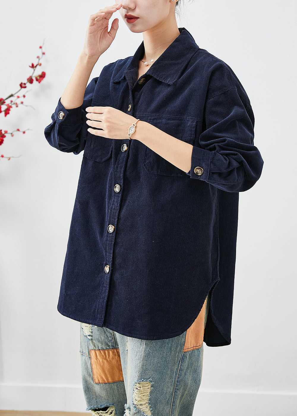 Navy Oversized Pockets Corduroy Coats Fall