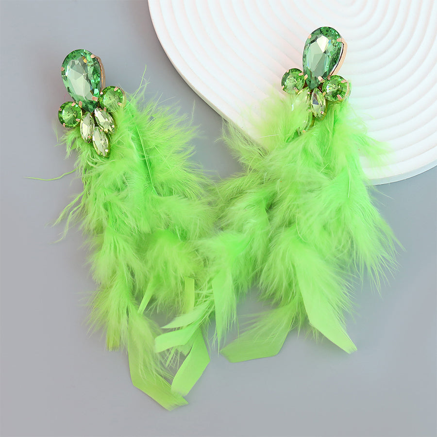 Alloy Inlaid Tassel Long Feather Earrings