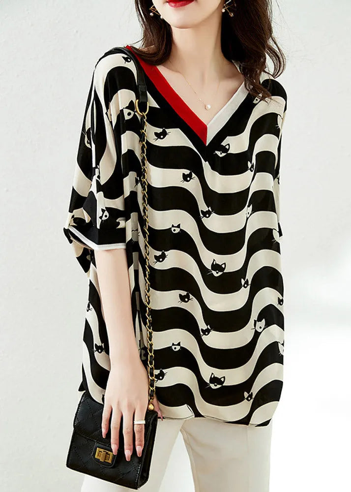 Black V Neck Striped Low High Design Chiffon Tops Half Sleeve