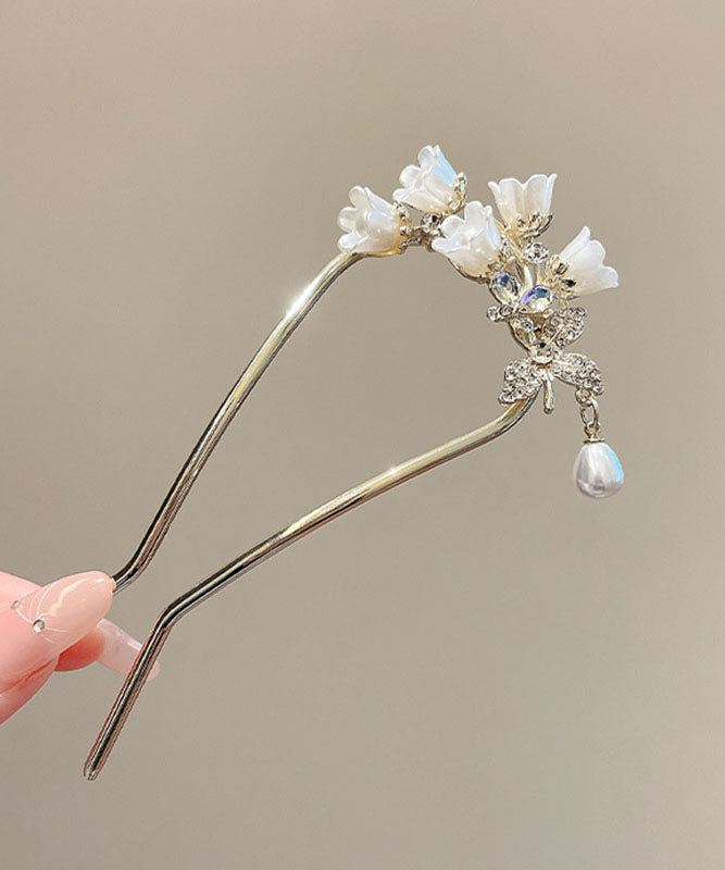 Classy White Alloy Zircon Lily of the Valley U-shaped Hairpin