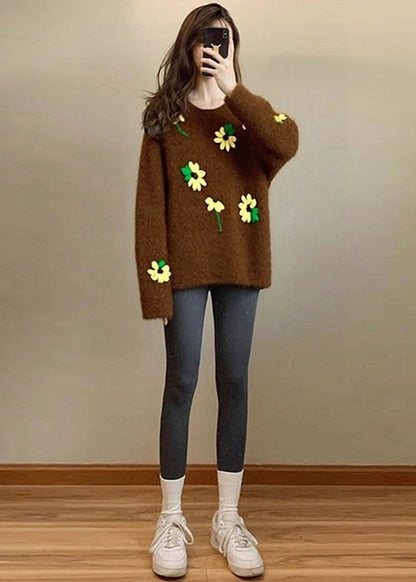 Unique Brown Oversized Lace Knit Sweater Tops Spring