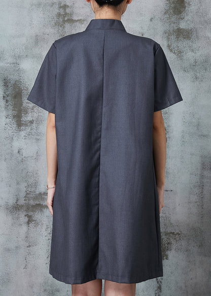 Grey Chinese Button Pockets Linen Dress Summer