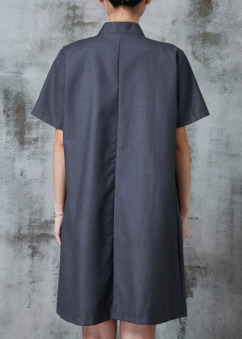 Grey Chinese Button Pockets Linen Dress Summer