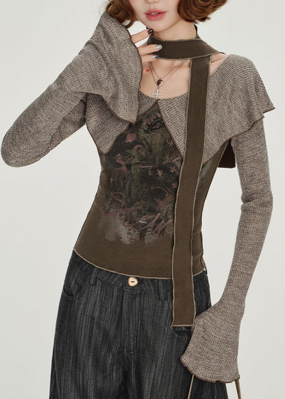 Unique Chocolate Peter Pan Collar Print Top Flare Sleeve