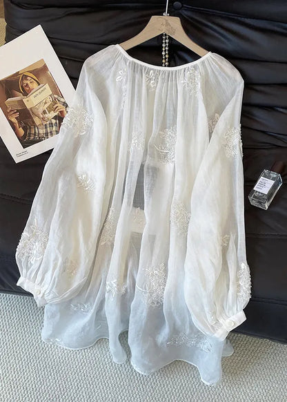 Loose White Embroidered Button Cotton Blouses Fall