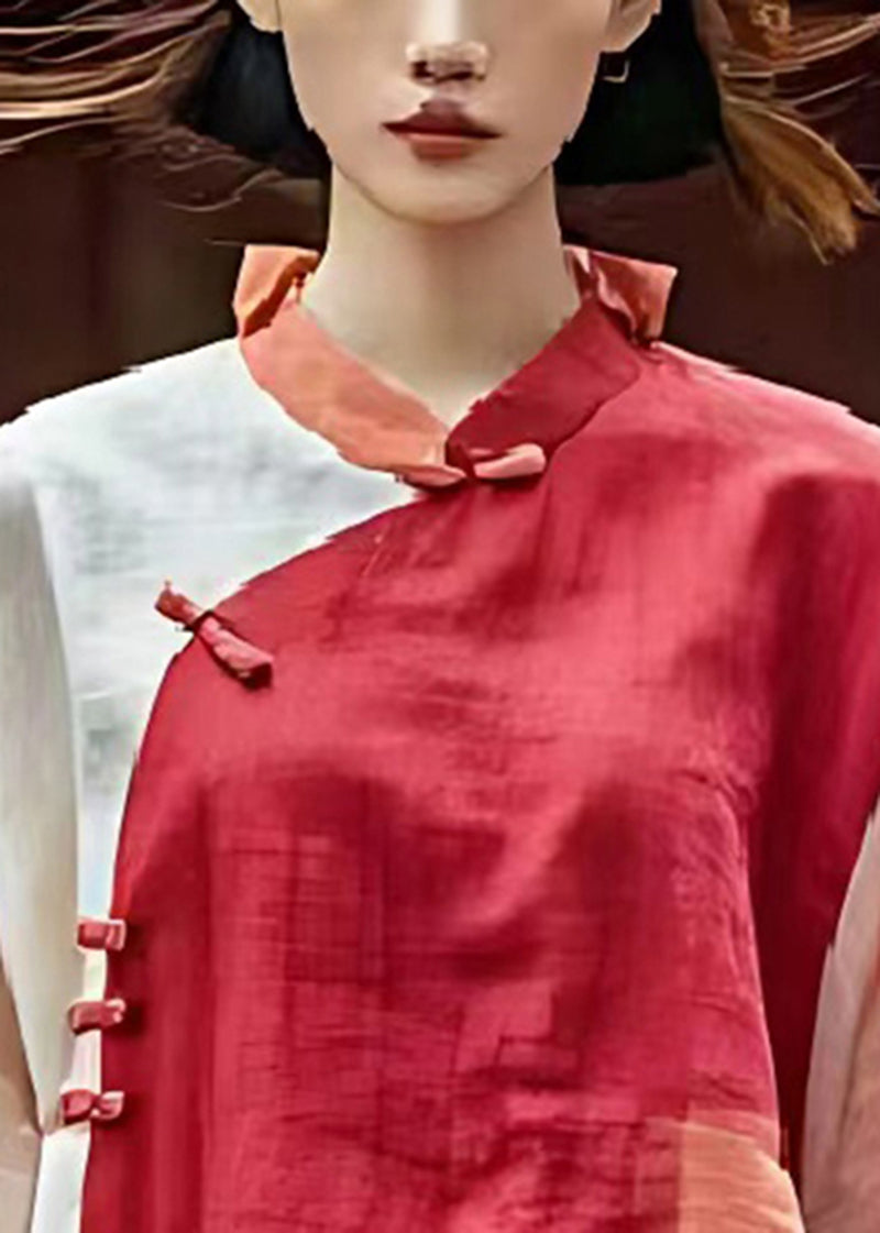 Red Mandarin Collar Patchwork Linen Shirts Summer