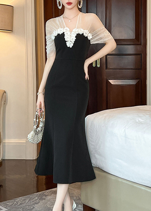 Black V Neck Tulle Patchwork Maxi Dresses Summer