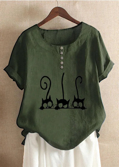 Cartoon Cat Print Crew Neck Short Sleeve Blouse
