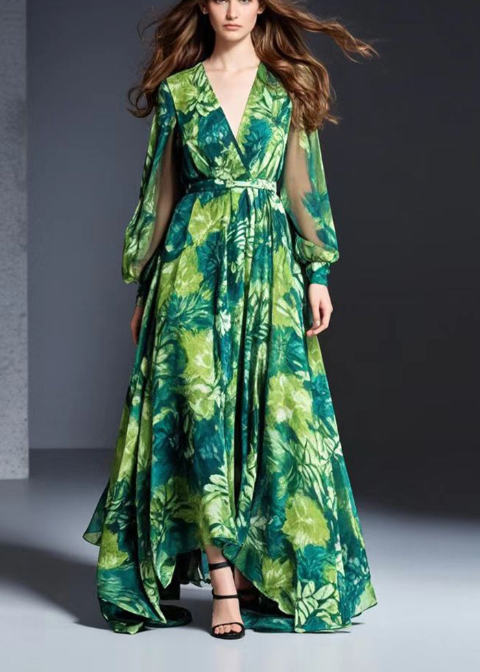 Green V Neck Print Chiffon Dresses Spring