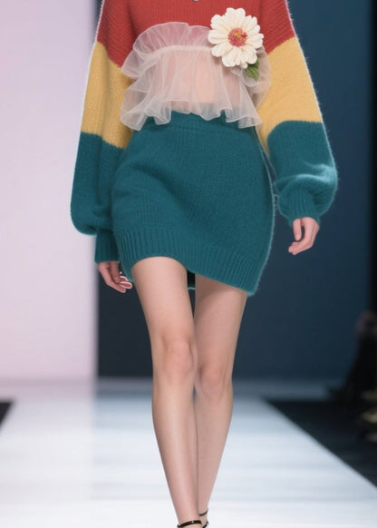 New Colorblock Tulle Ruffled Knit Sweater Dress Winter