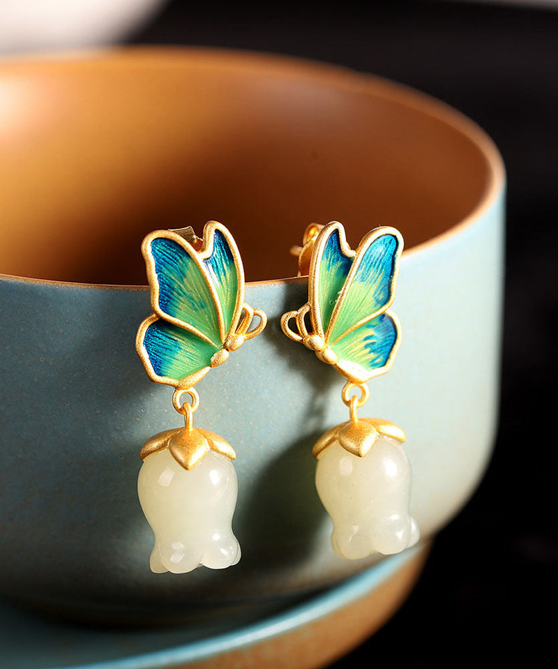 White Sterling Silver Overgild Jade Cloisonne Drop Earrings