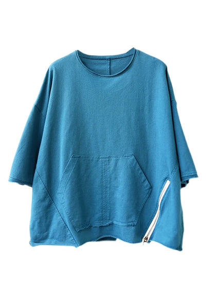 Style Lake Blue O-neck Zip Up Pockets Patchwork Loose Top Half Sleeve