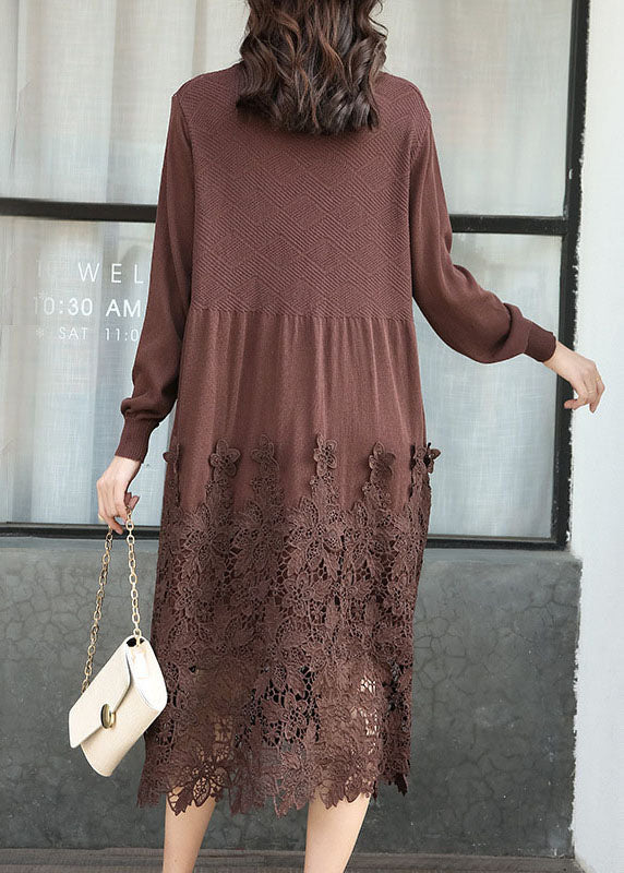 Chocolate Embroideried Patchwork Knit Long Dresses Spring