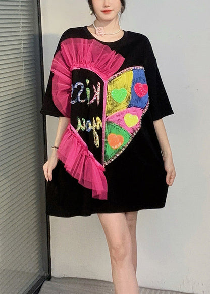 Black O Neck Ruffled Cotton T Shirt Dresses Summer