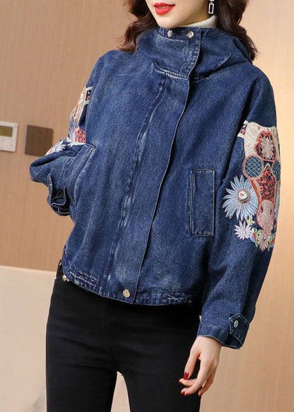 Blue Stand Collar Embroideried Denim Coats Spring