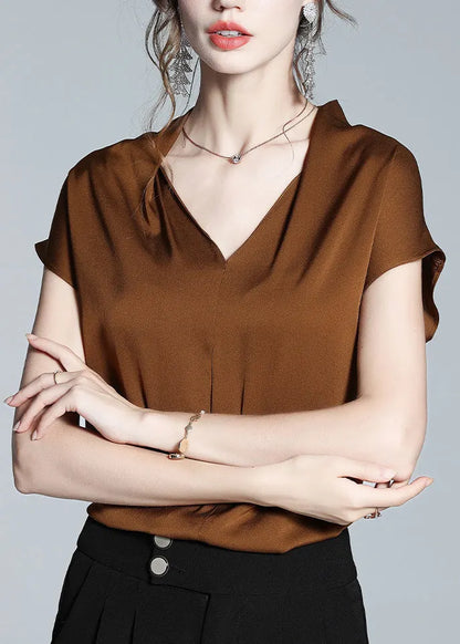 Boutique Coffee V Neck Silk Shirt Short Sleeve