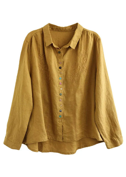 Simple Yellow Peter Pan Collar Embroideried Linen Shirt Spring