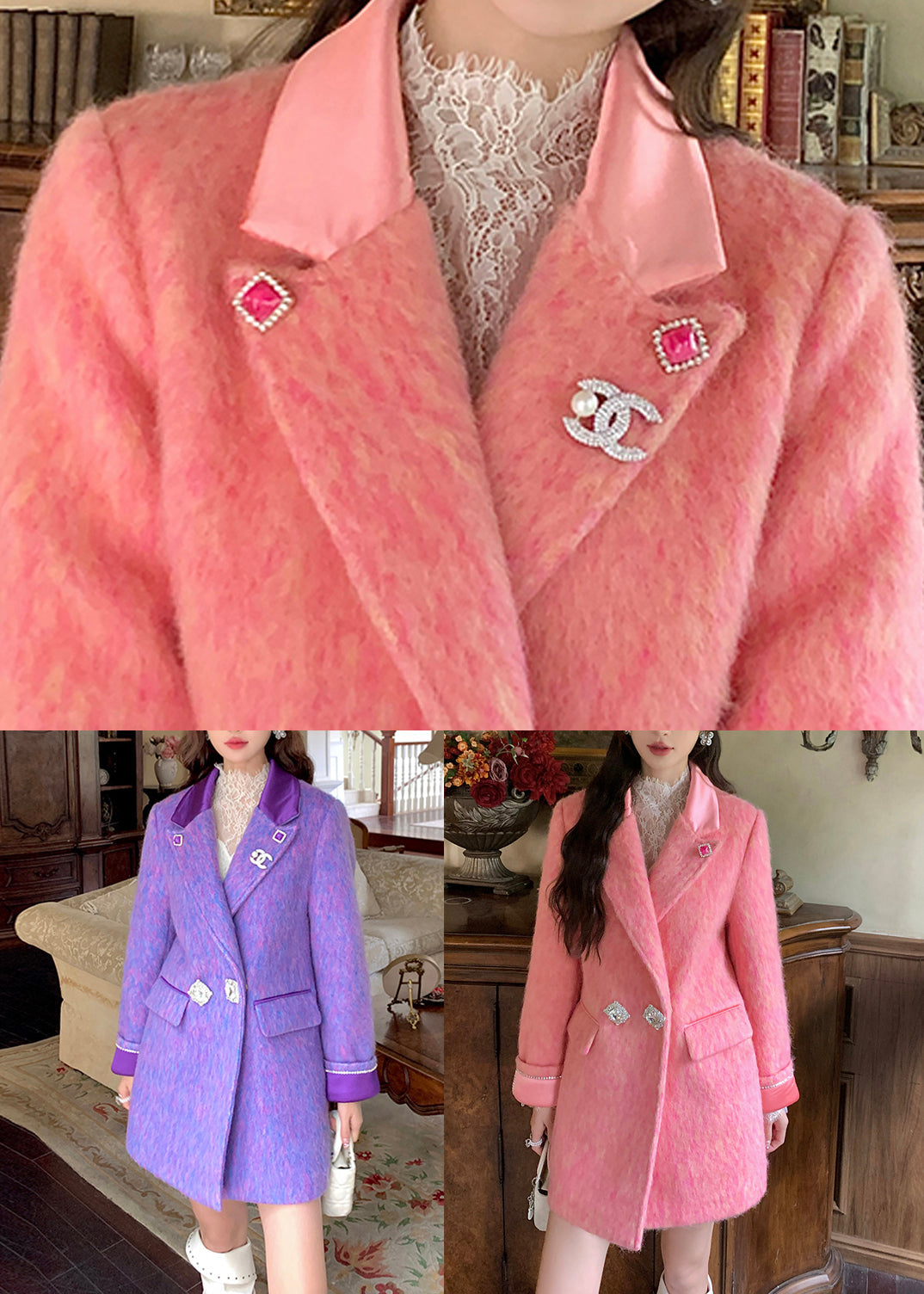 Pink Peter Pan Collar Zircon Woolen Coats Winter