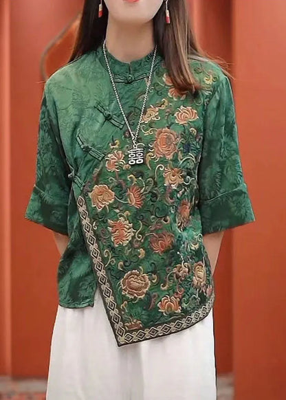 Green Mandarin Collar Asymmetrical Embroideried Silk Shirts Half Sleeve