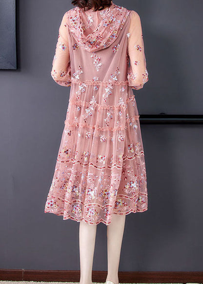 Organic Pink Hooded Embroideried Tulle a Line Dress Summer