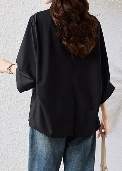 Loose Black Peter Pan Collar Button Cotton Blouse Bracelet Sleeve