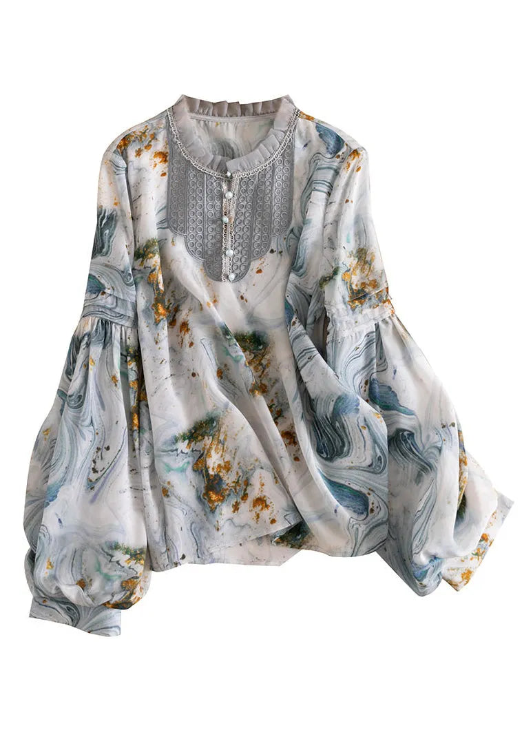 Italian Colorblock Button Stand Collar Ruffled Patchwork Tops Lantern Sleeve