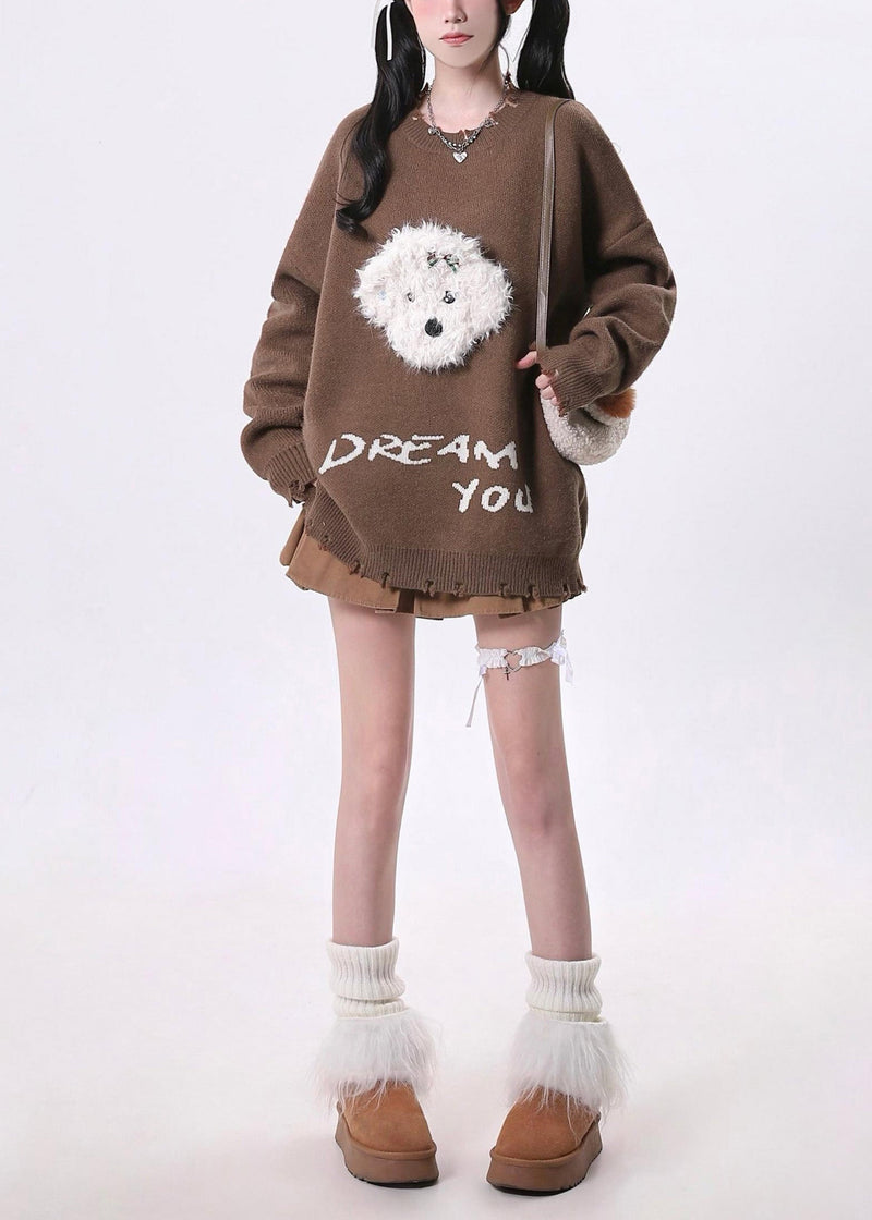 Brown Oversized Dog Knit Sweaters Spring