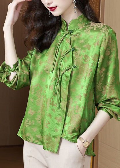 Green Tasseled Chinese Button Jacquard Patchwork Silk Shirt Spring