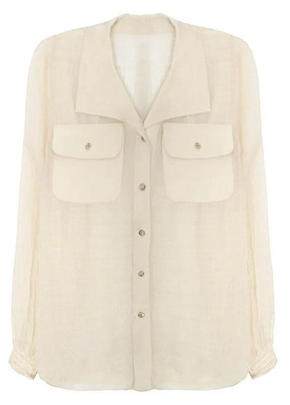 Art Beige Plaid Pockets Button Blouse Tops Summer