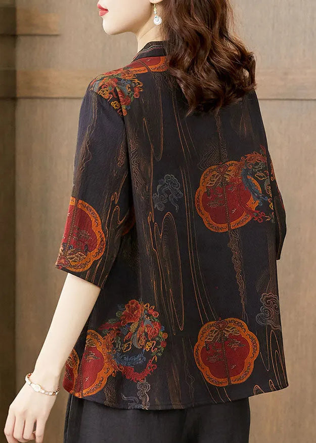 Retro Black Print Stand Collar Button Silk Blouse Top Half Sleeve