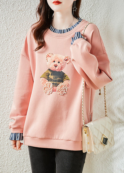Pink Bear Patchwork Warm Fleece Sweatshirts Top Winter