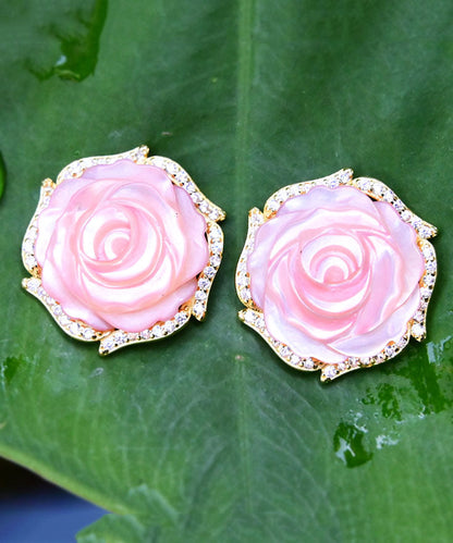 Fine Pink 14k Gold Zircon Rose Stud Earrings