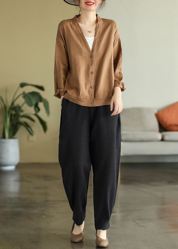Khaki V Neck Button Linen Top Long Sleeve