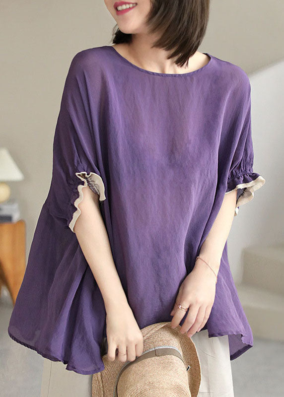 Purple O-neck Patchwork Ruffled Fall Shirt Half Sleeve