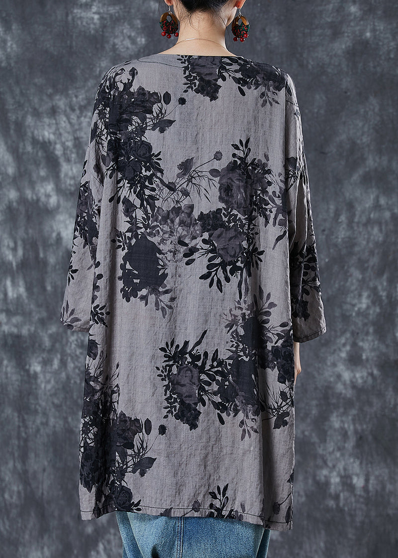 Diy Grey Oversized Print Cotton Long Shirt Summer