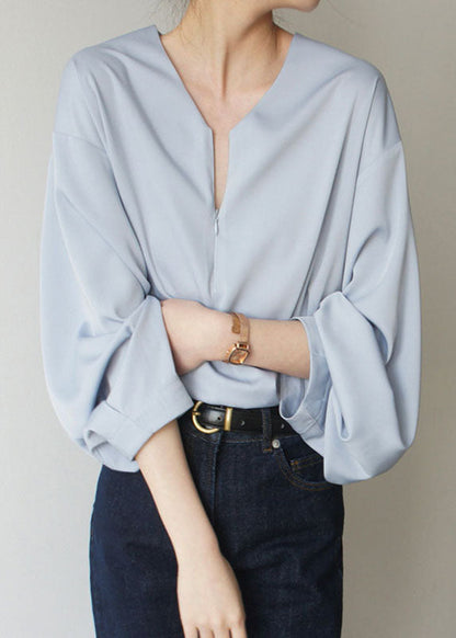 Loose Light Blue V Neck Chiffon Shirts Spring