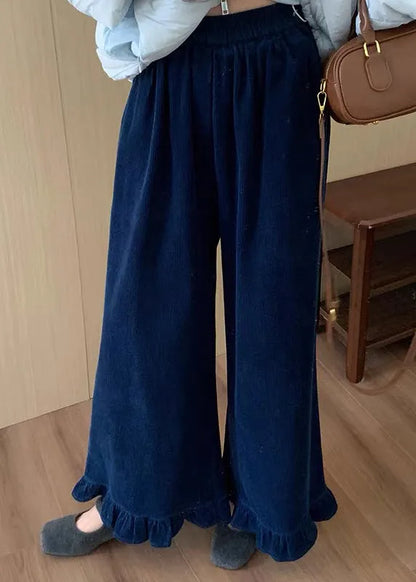 Original Green Ruffled Patchwork Corduroy Wide Leg Pants Winter